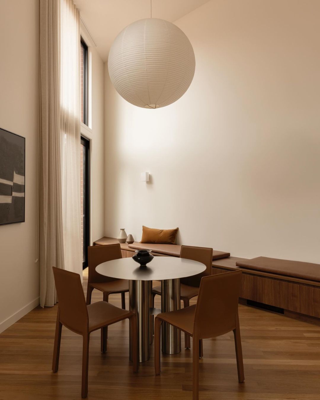 Stainless steel dining table in a dining room