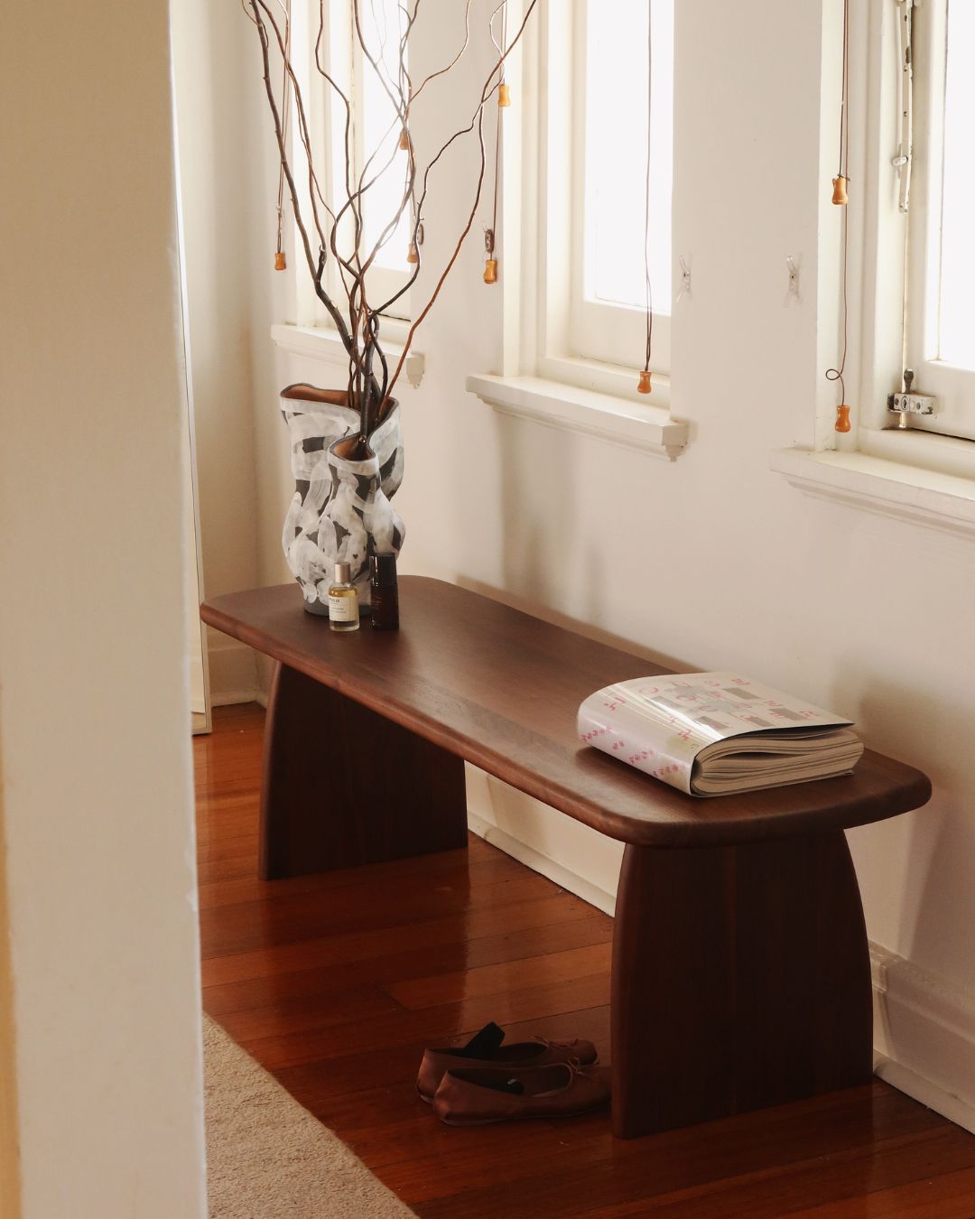 Walnut timber bench seat styled
