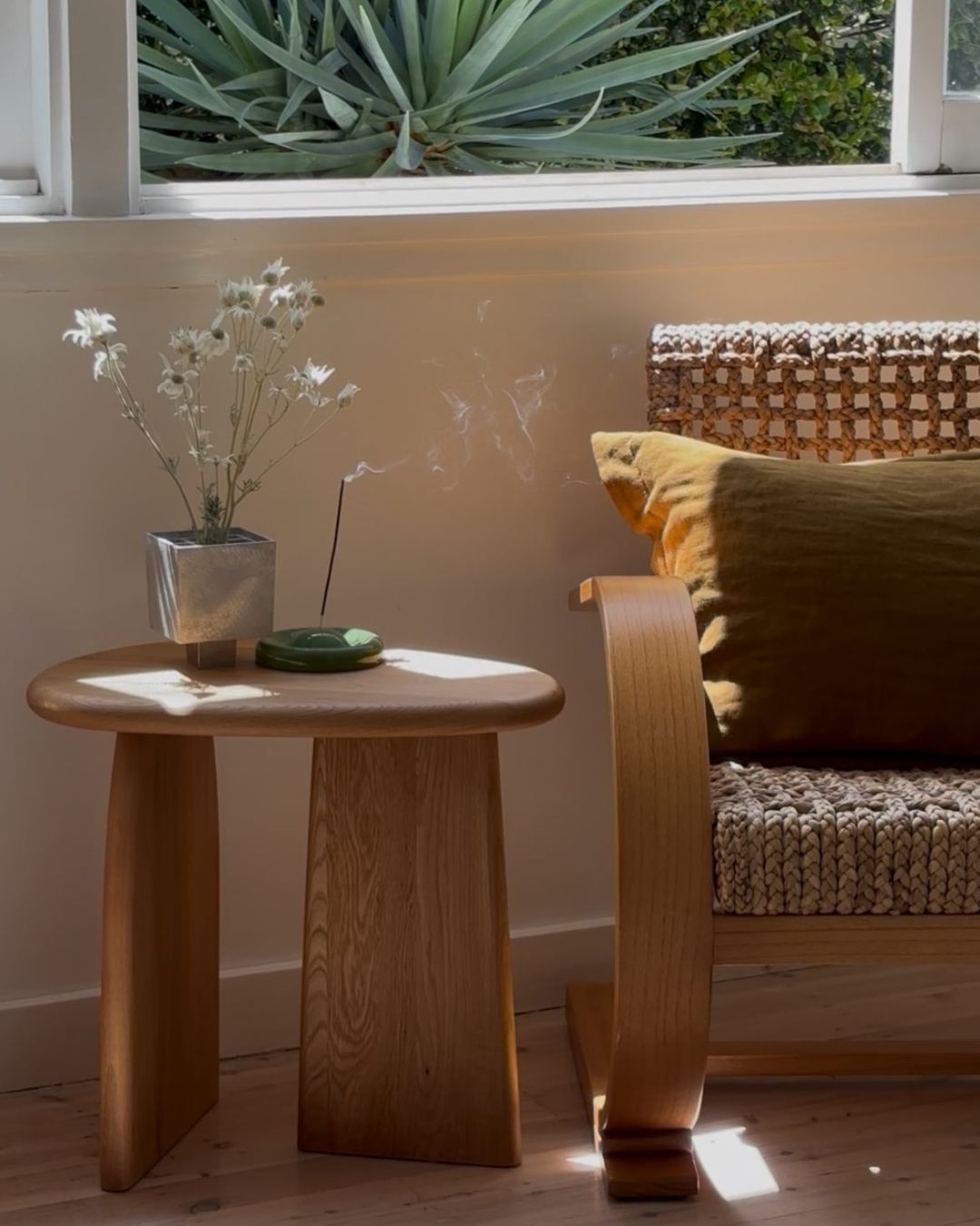 Small oak timber side table styled