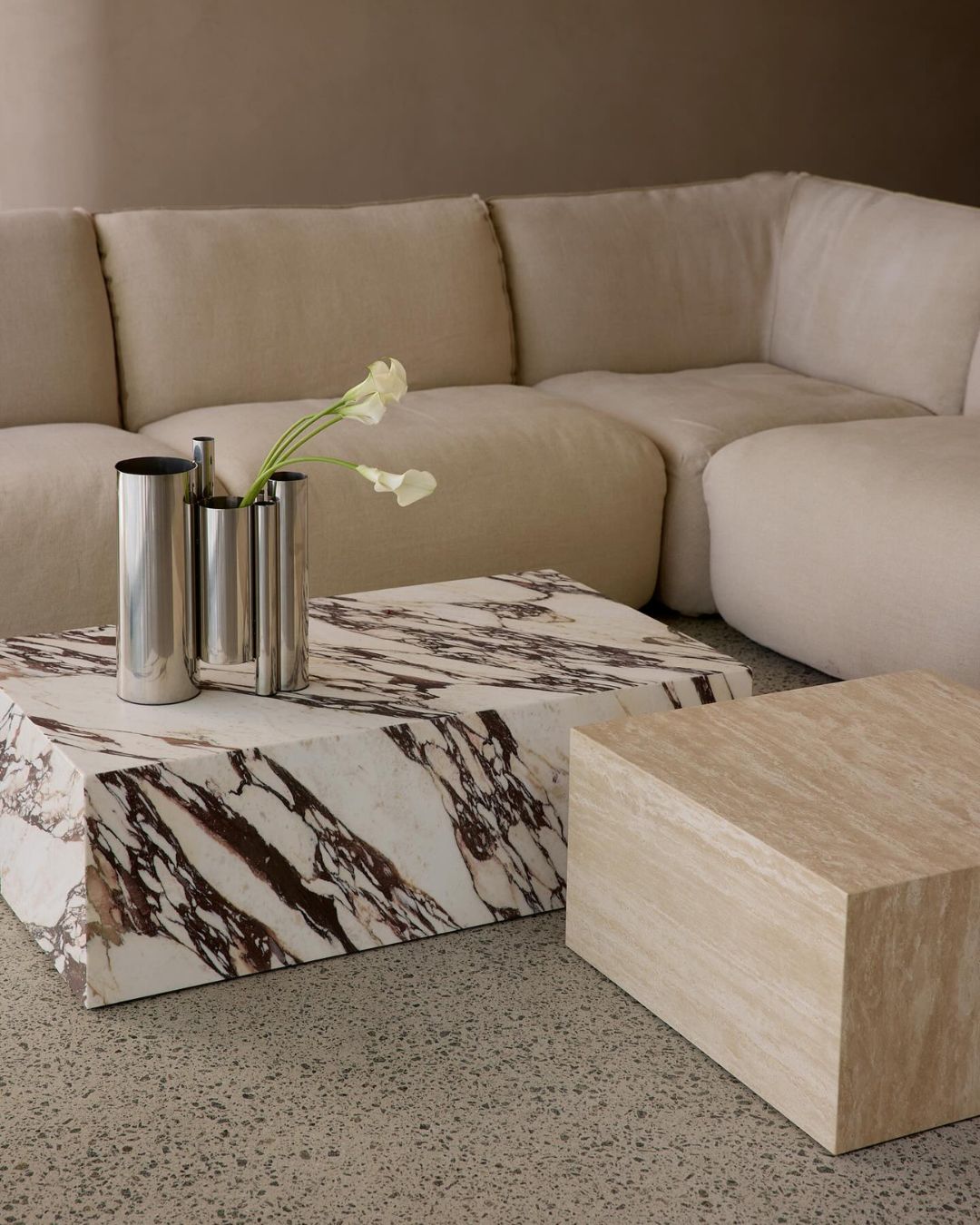 Calacatta viola plinth coffee table in a living room