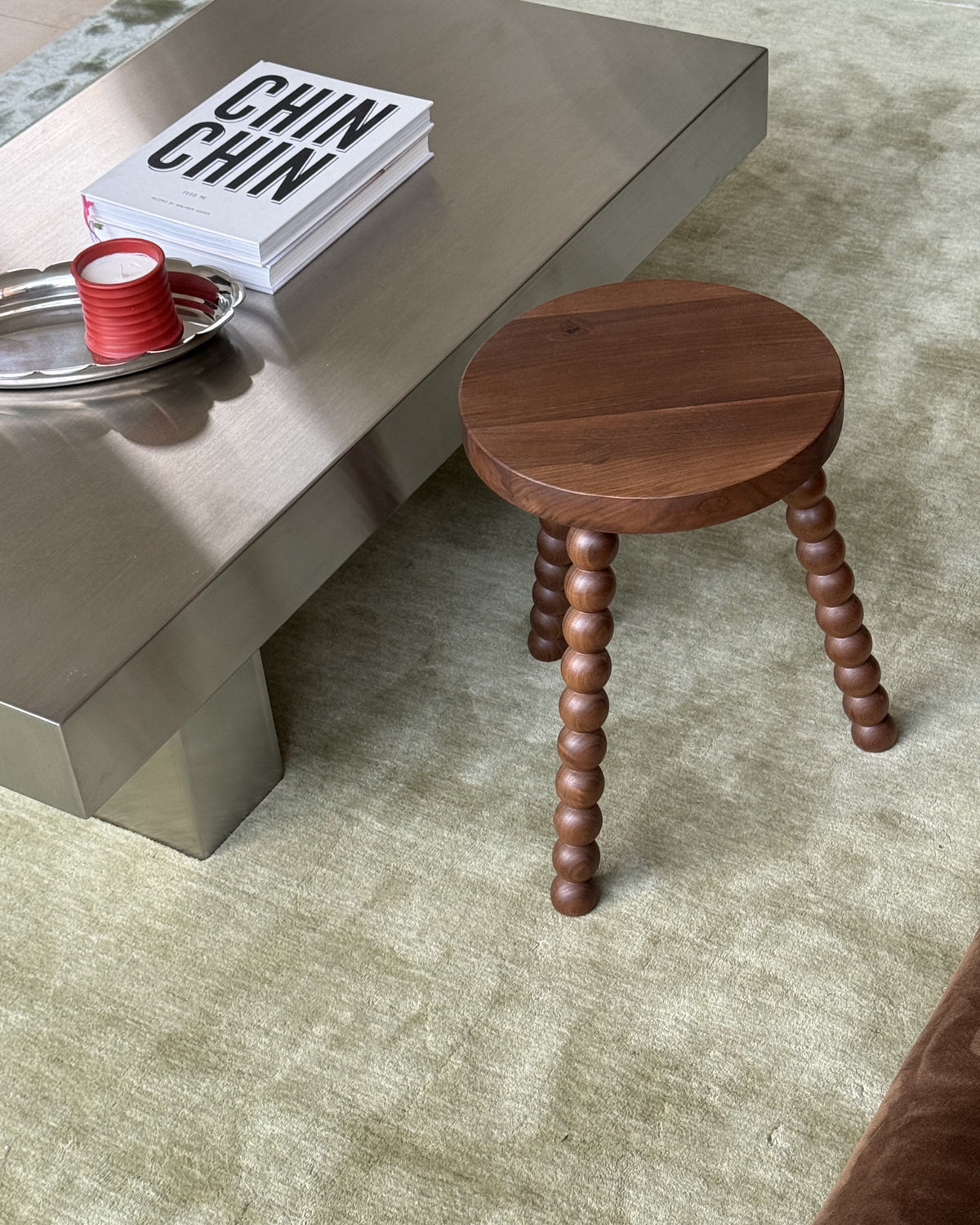Small walnut timber side table and stainless steel coffee table