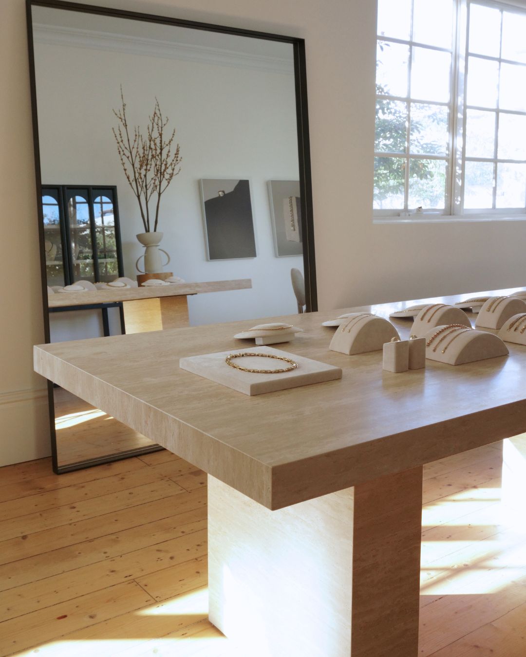 Cream travertine stone dining table