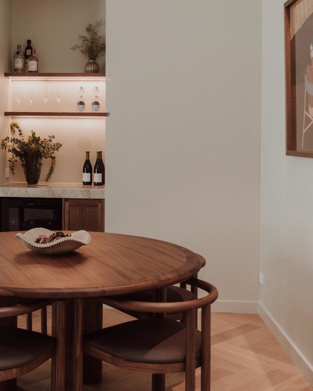 Walnut timber dining chairs and table