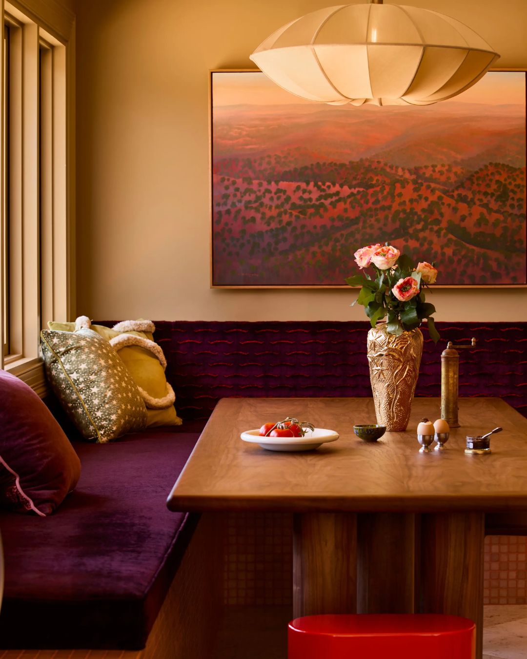 Dining room with a walnut timber dining table