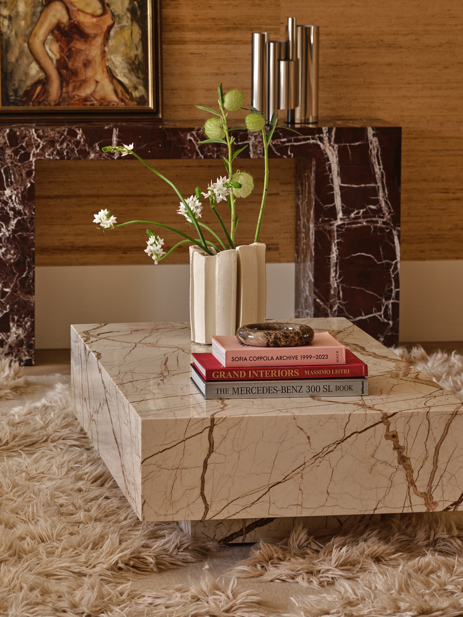 Marble coffee table styled in a living room