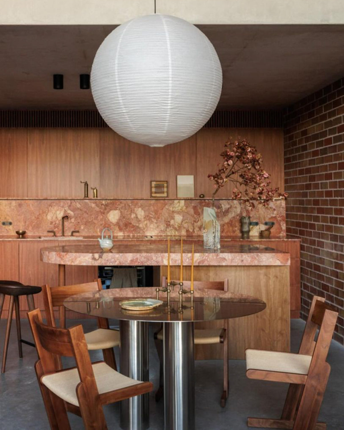 Stainless steel dining table in a dining room