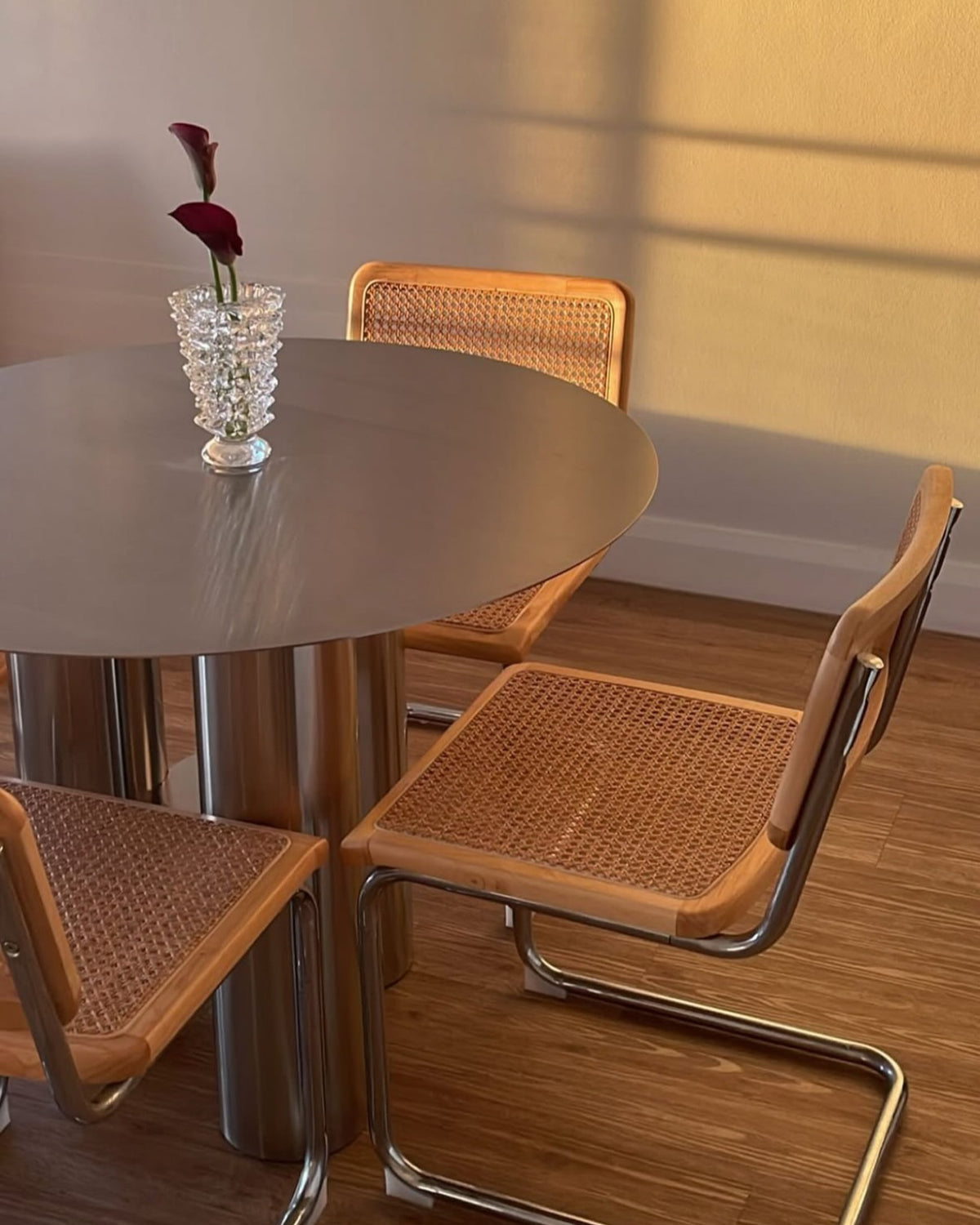 Stainless steel dining table in a dining room