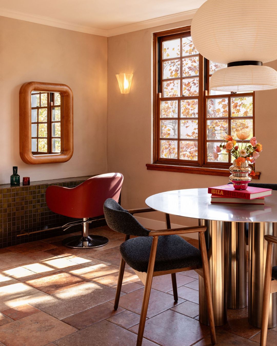 Stainless steel dining table in a hair salon
