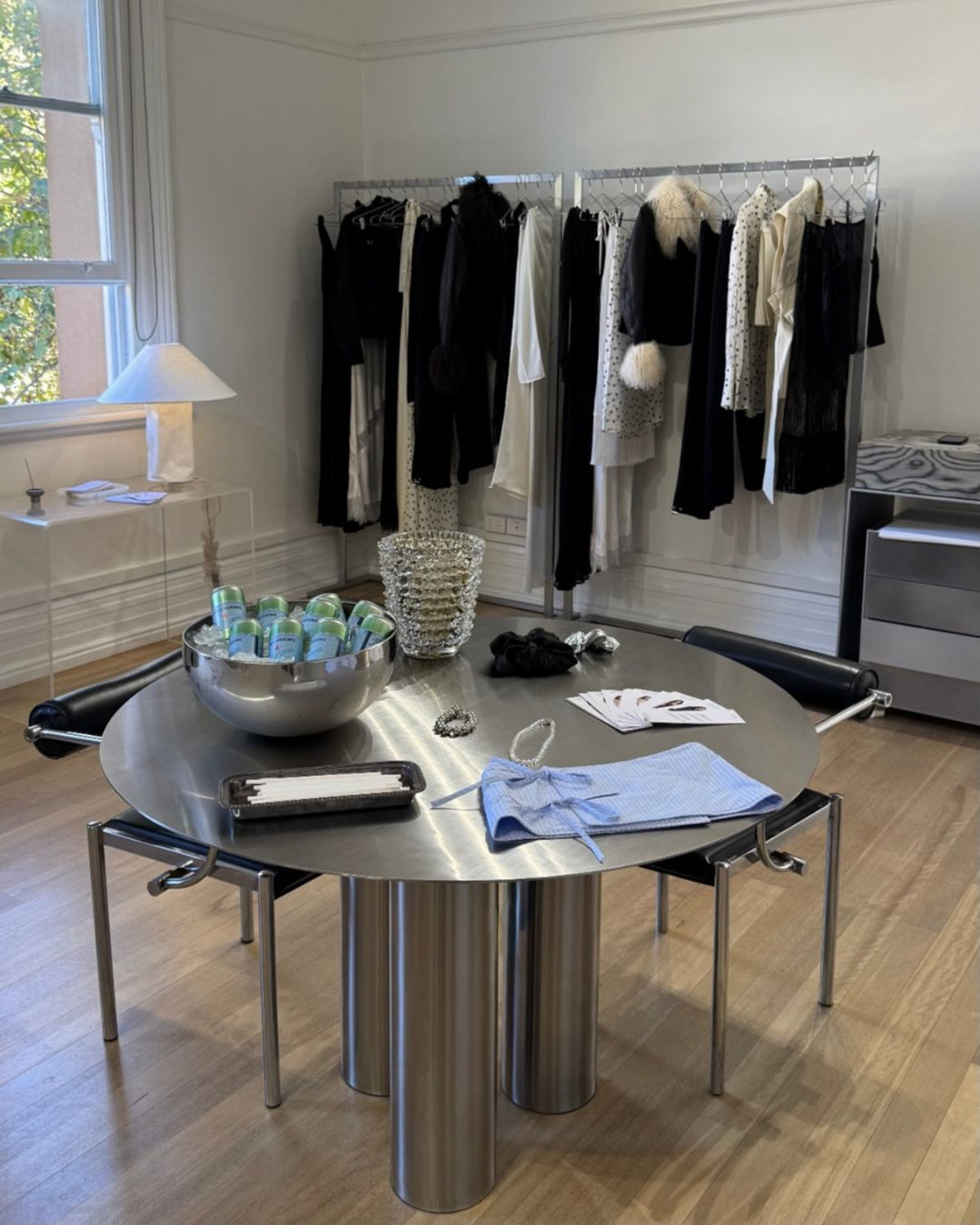 Stainless steel dining table in a boutique