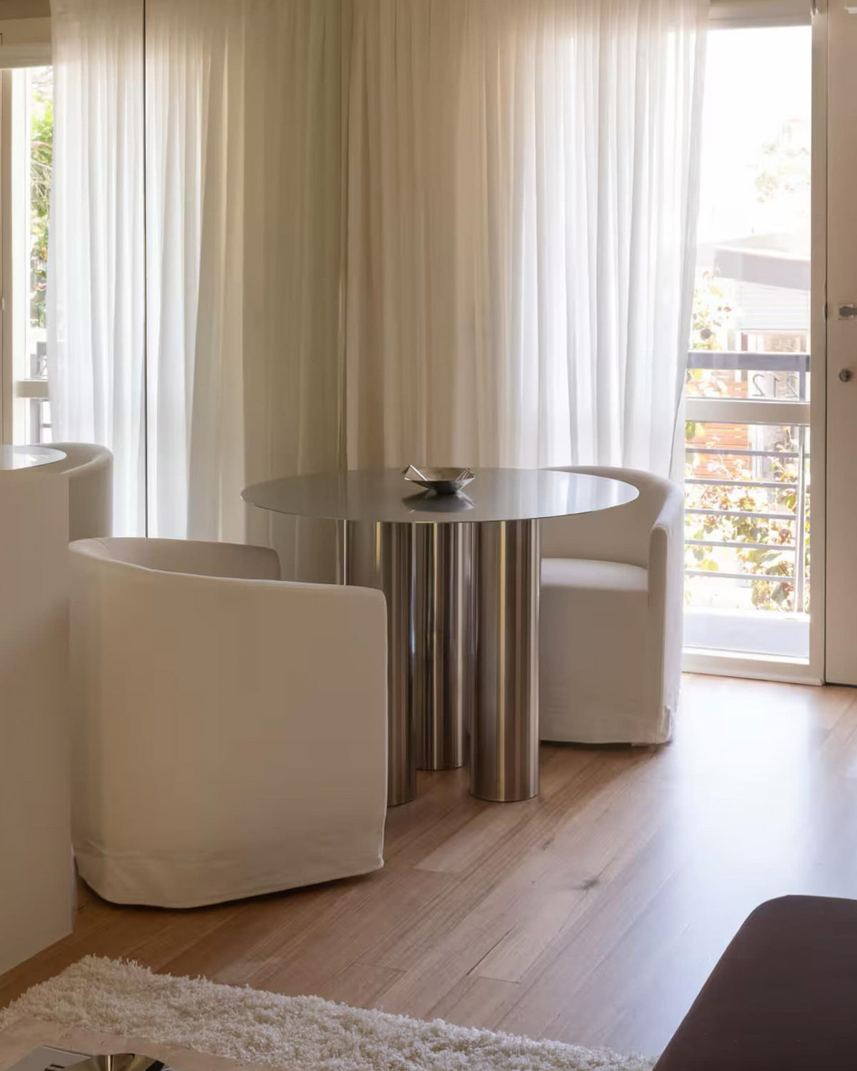 Stainless steel dining table in a dining room
