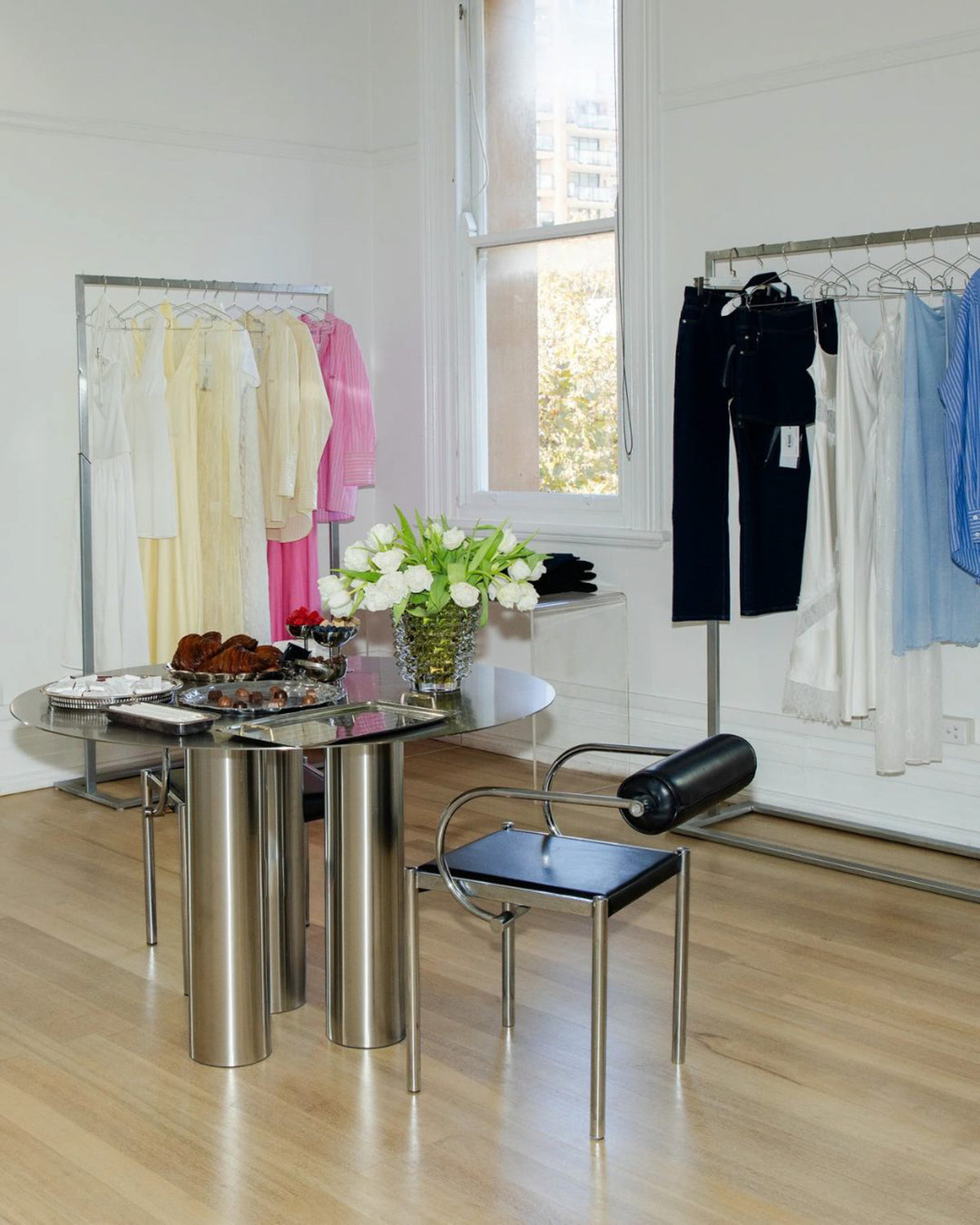Stainless steel dining table in a boutique