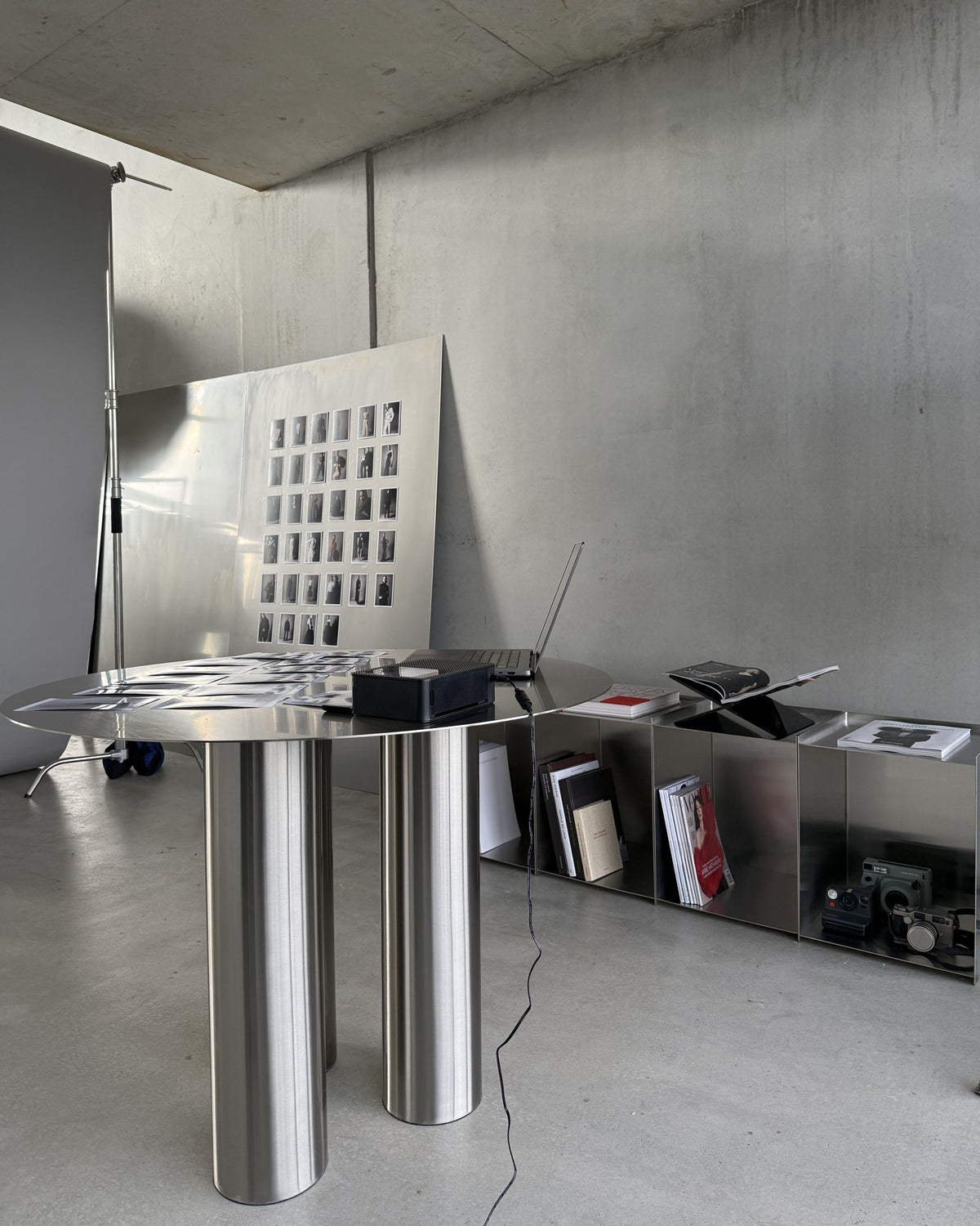 Stainless steel table in a studio setting