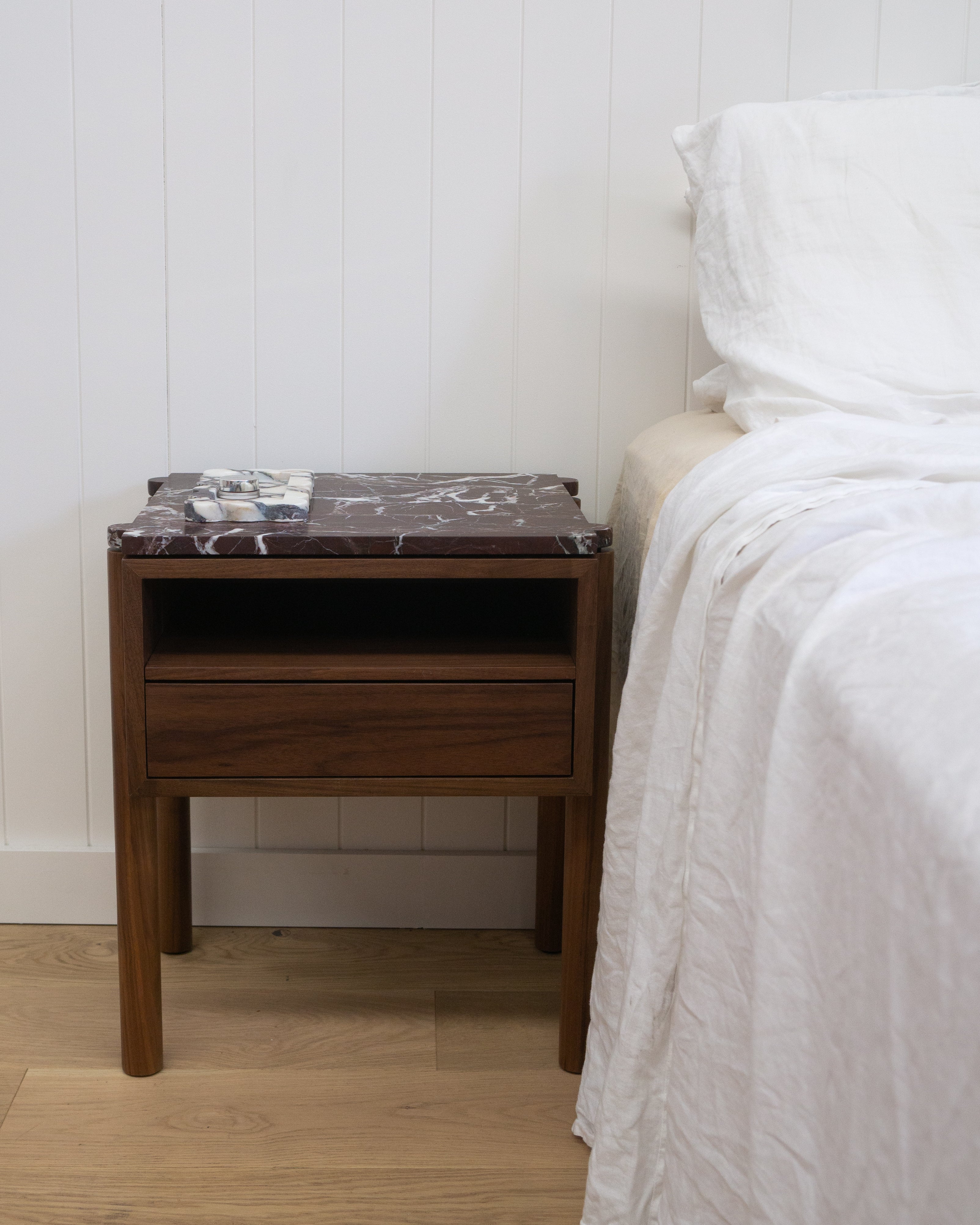  Walnut Timber Marble Bedside Table – Naomi Nightstand | Fleur Studios