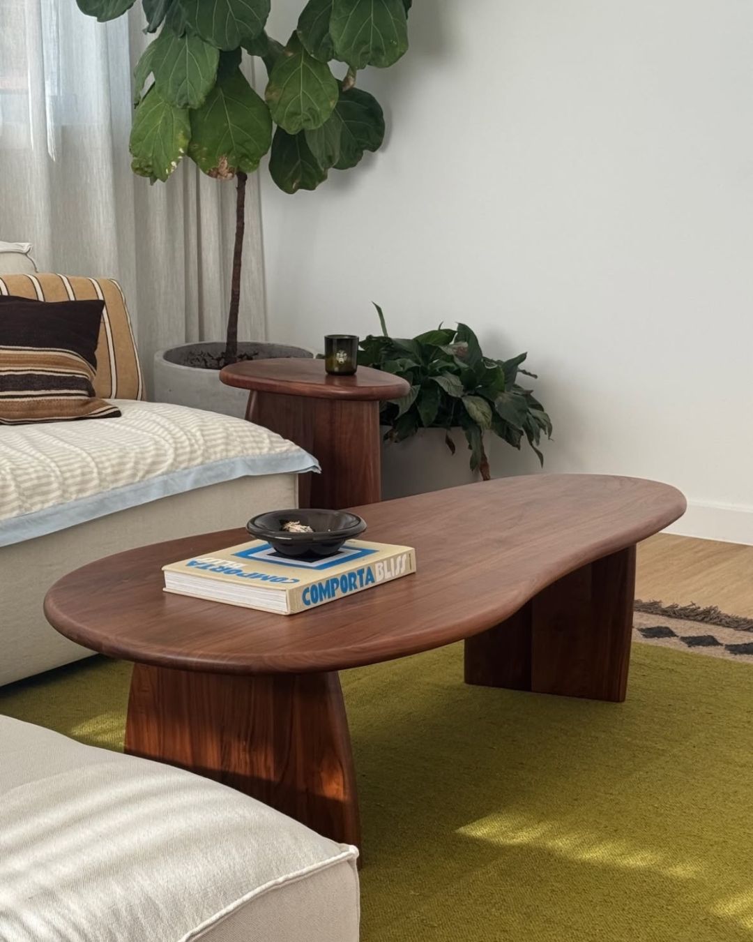 Walnut timber coffee table styled in a living room