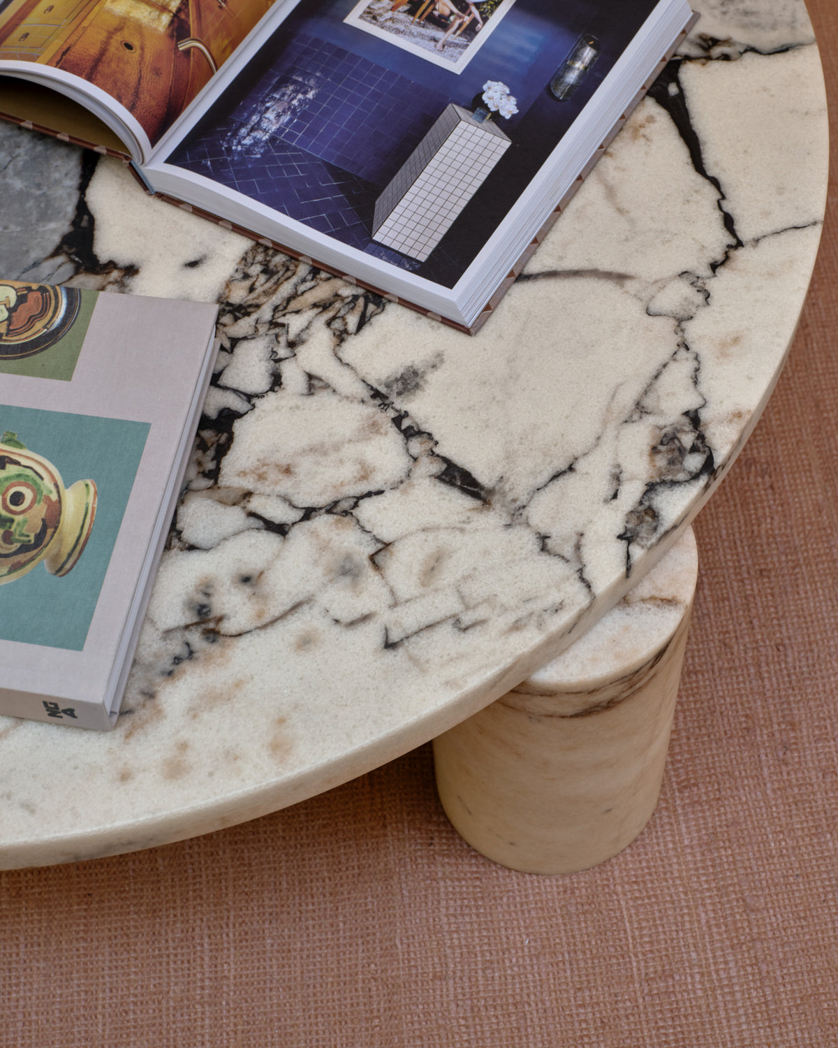 Close up of a round marble coffee table