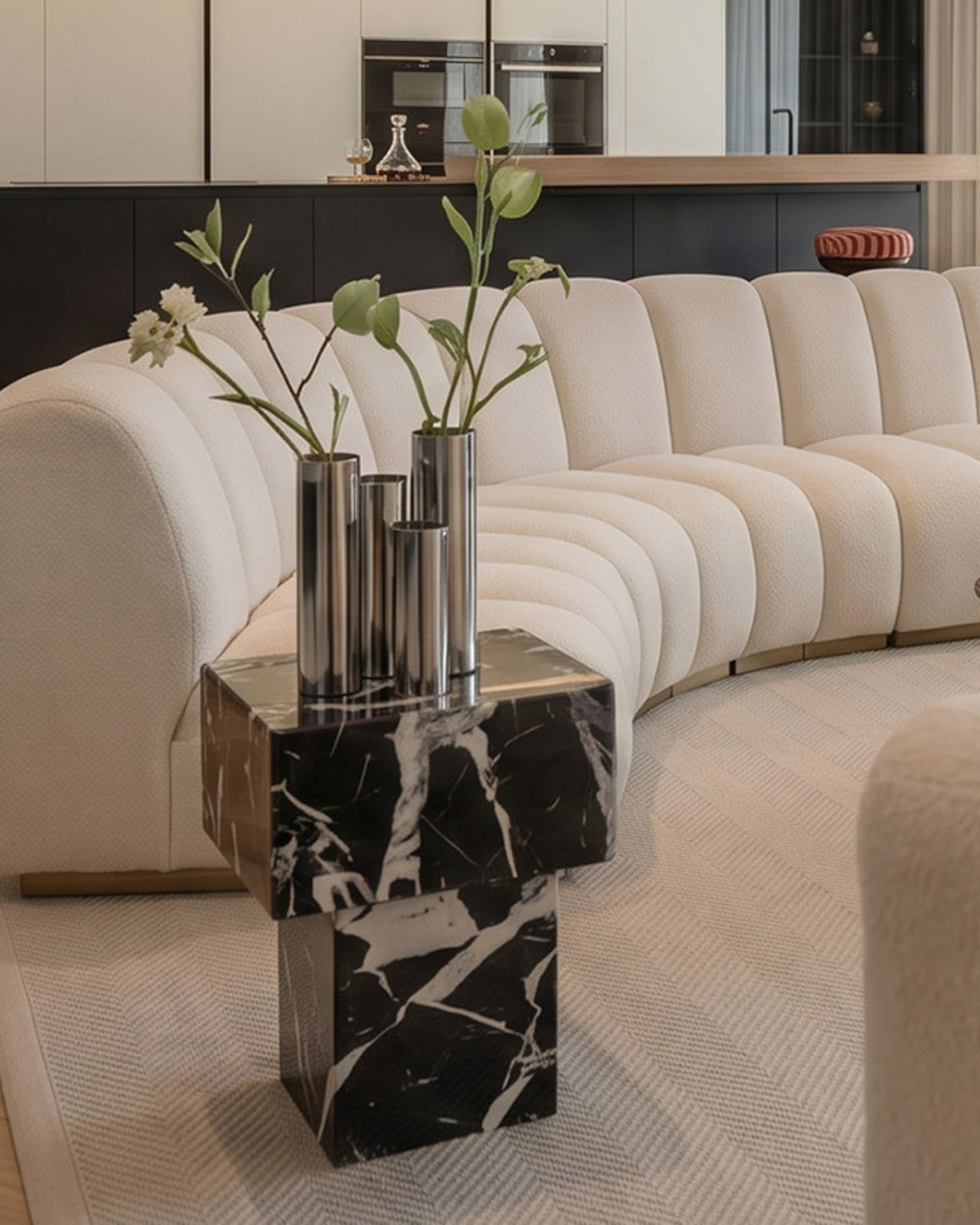 Grand antique marble side table styled in a living room