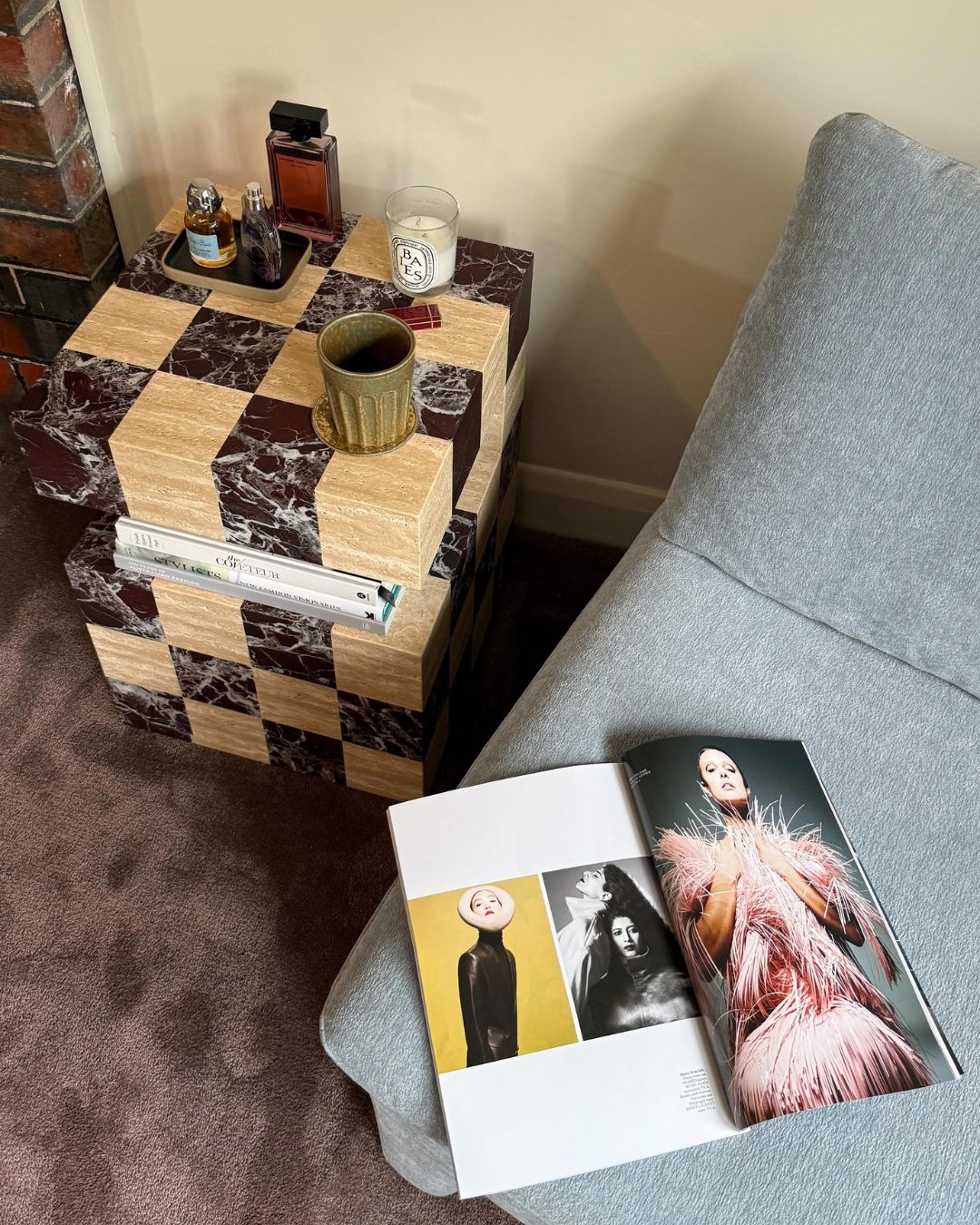 Checkerboard marble side table styled