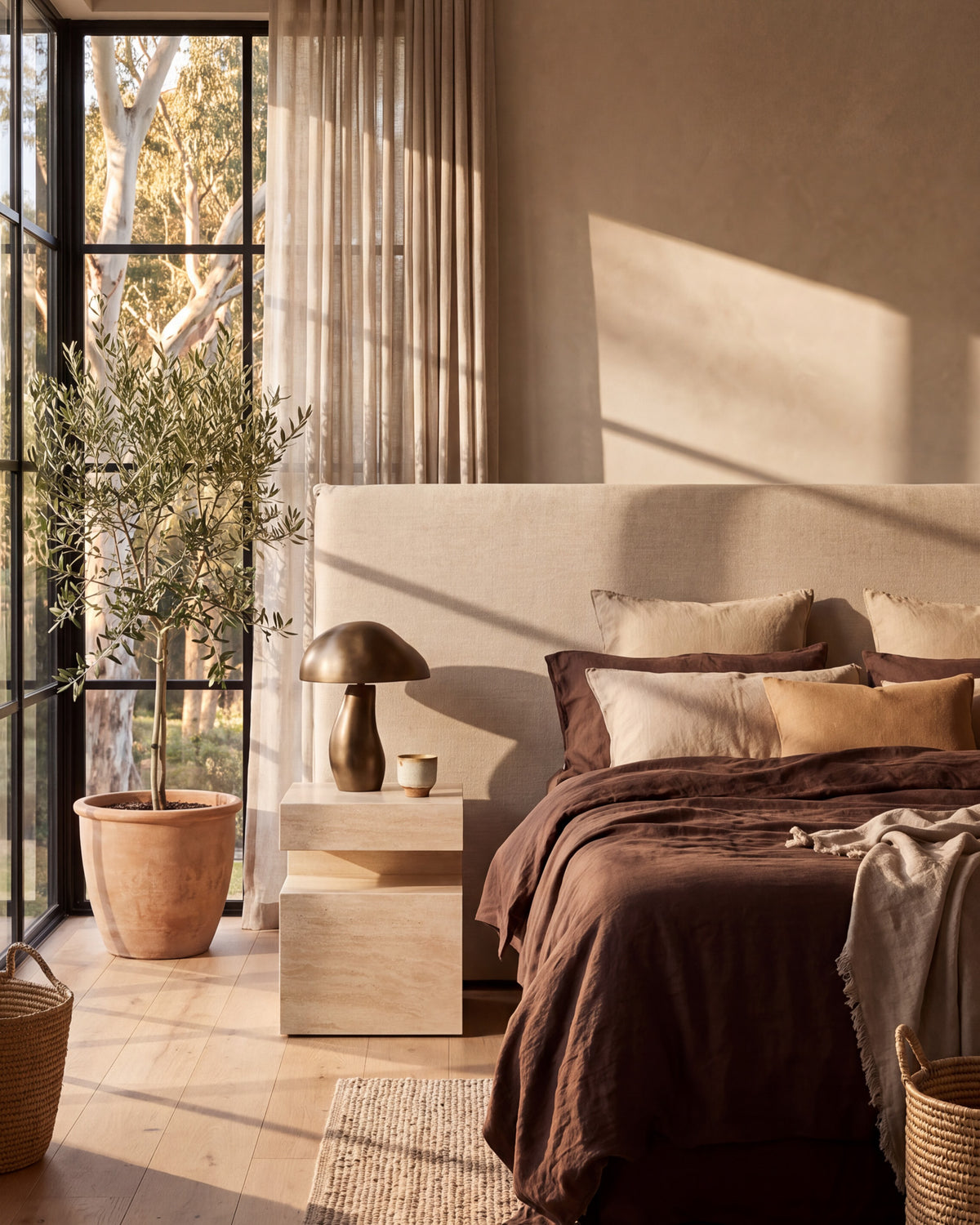 Bedroom featuring a cream travertine side table