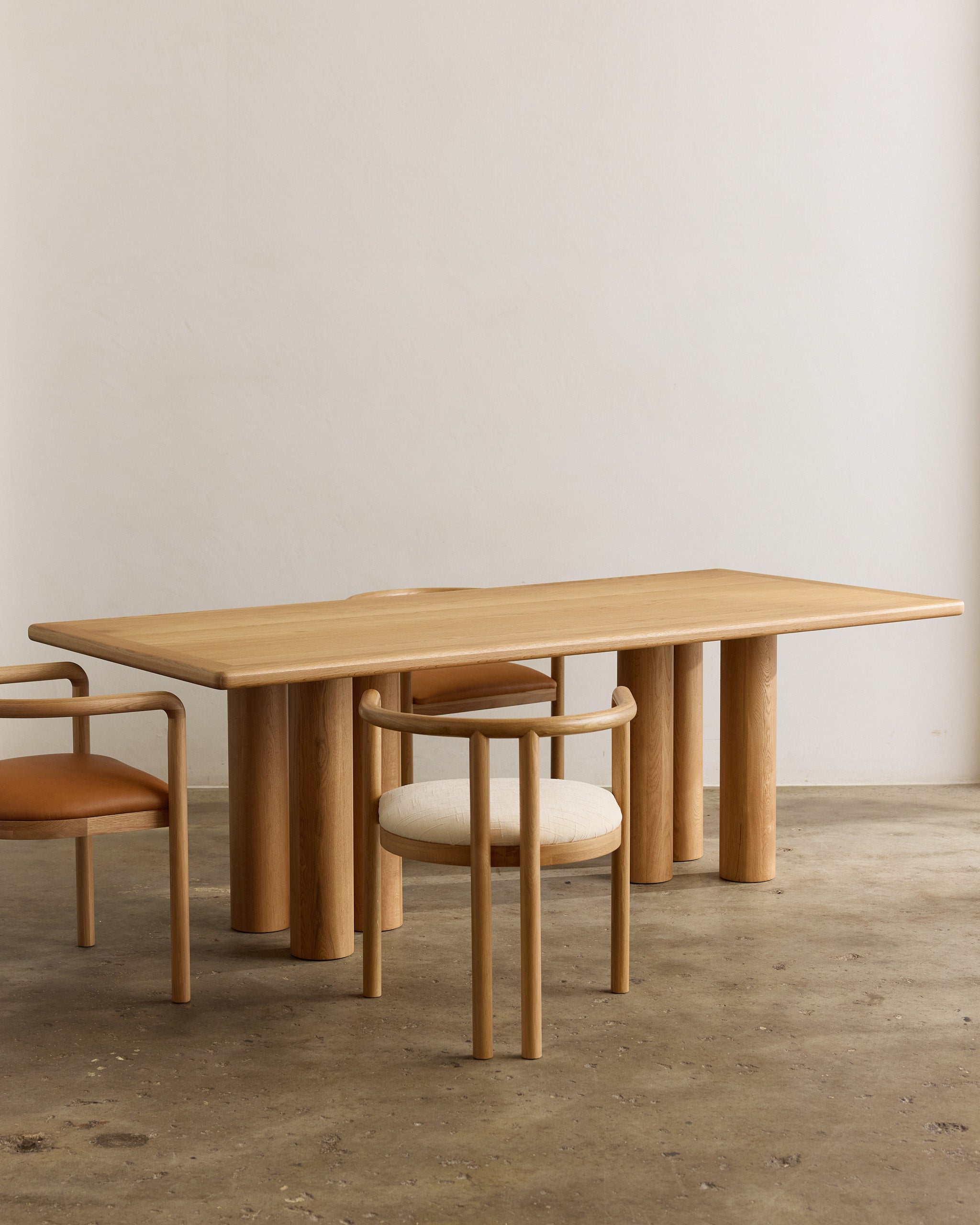 Rectangle oak timber dining table and chairs.