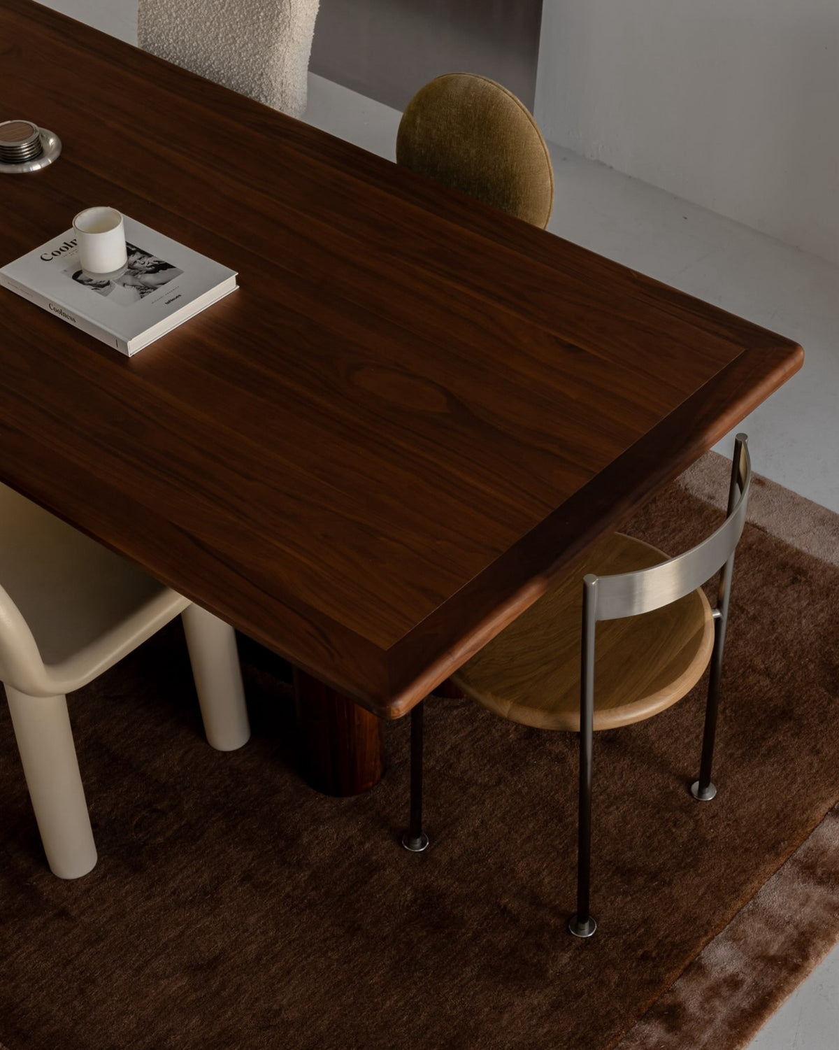 Walnut timber dining table styled