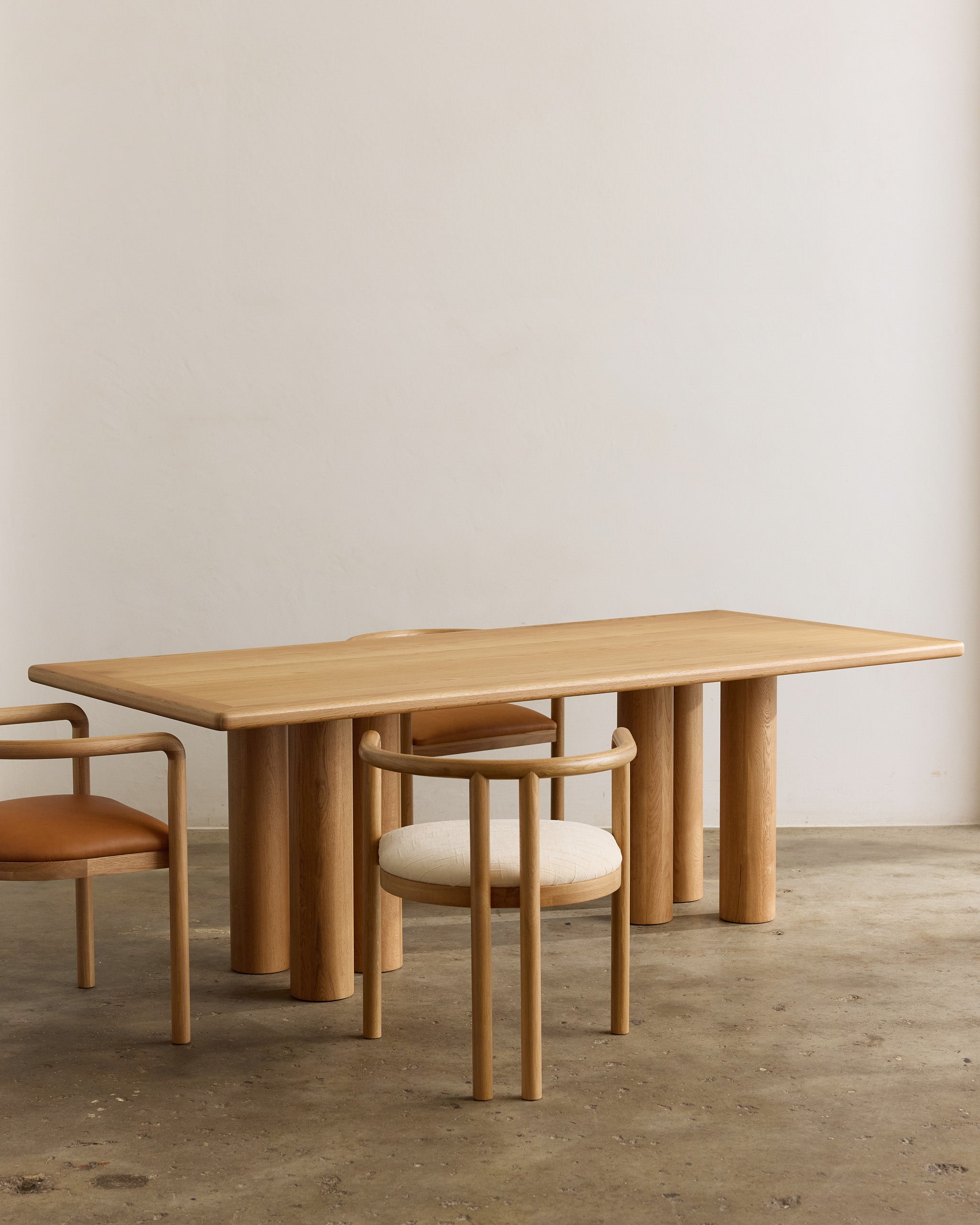 Rectangle oak timber dining table and chairs.