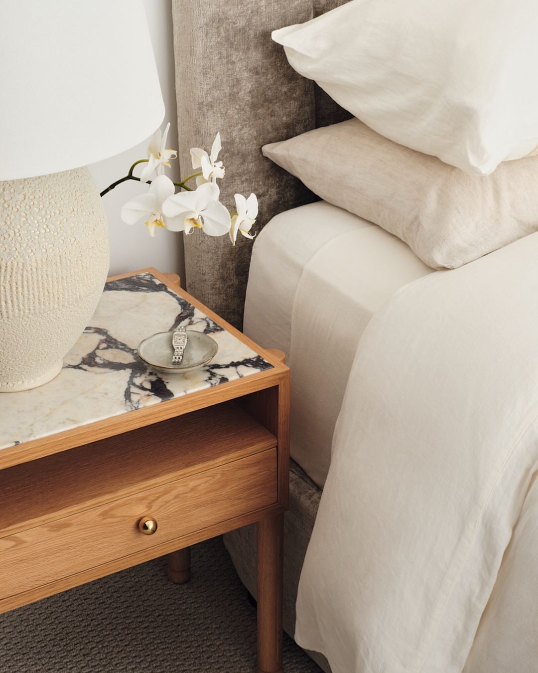 Oak bedside table with marble tabletop