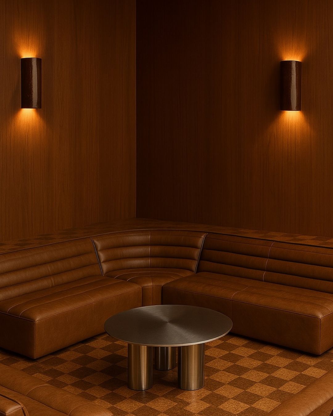 Brown leather sectional sofa with a round stainless steel coffee table.