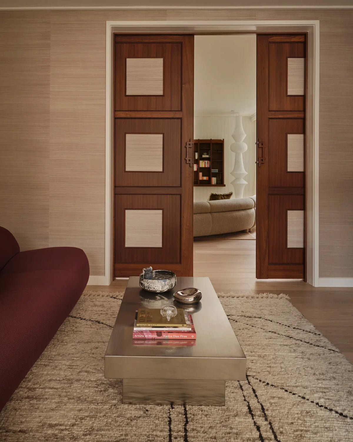 Living room styled with a stainless steel coffee table