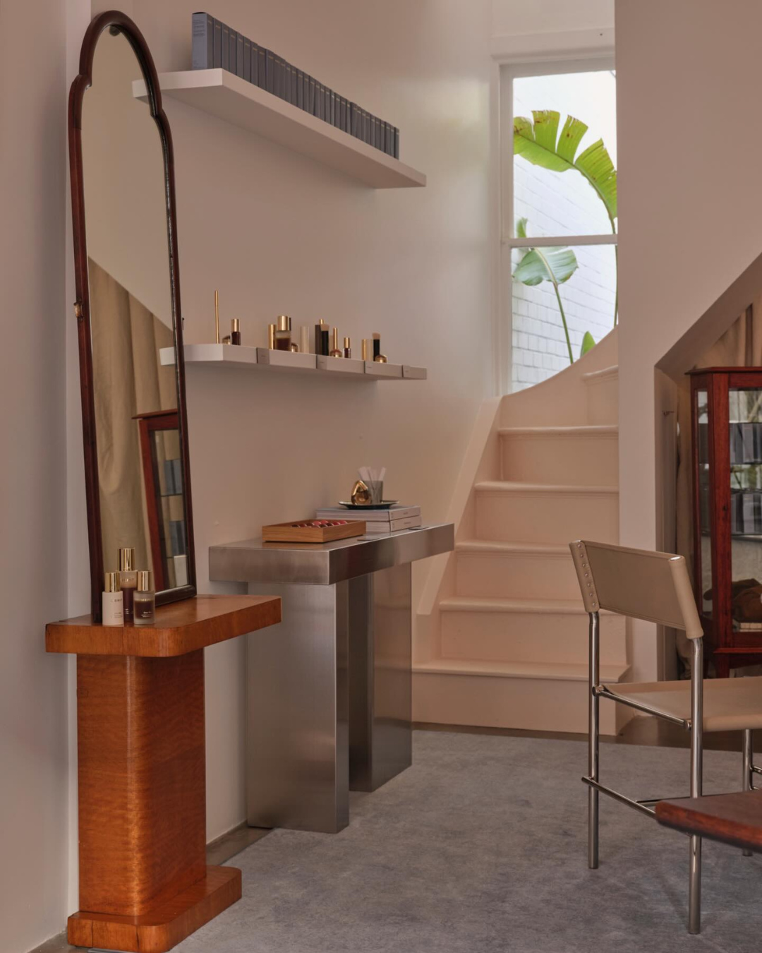 Modern interior with a stainless steel console table