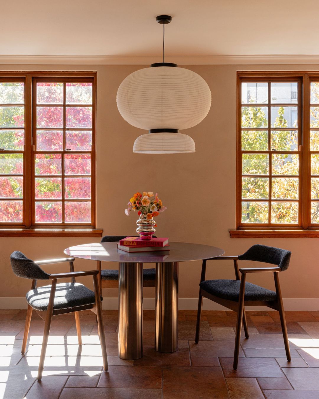 Stainless steel dining table in a dining room
