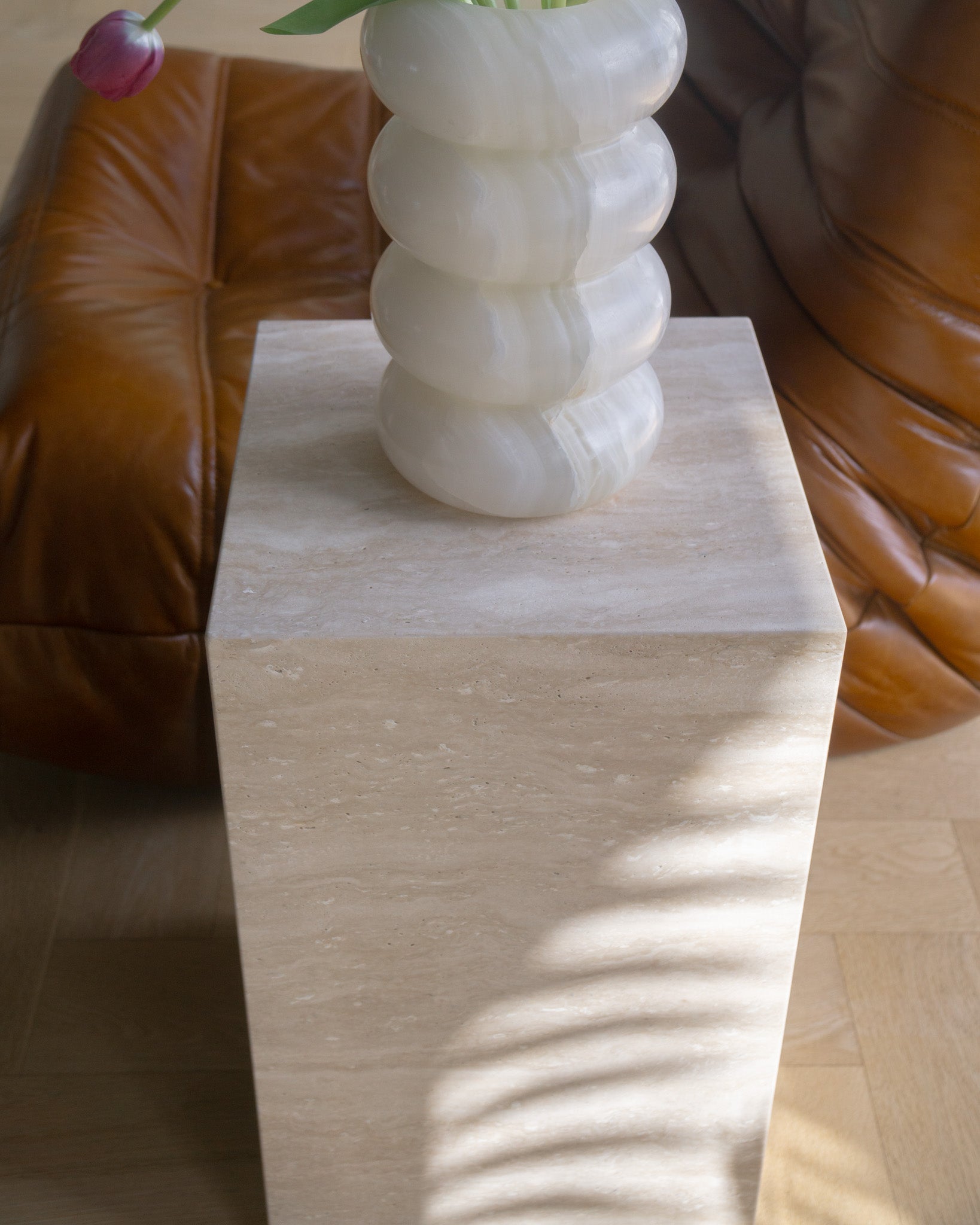  Plinth Small Marble Side Table – Cream Travertine | Fleur Studios