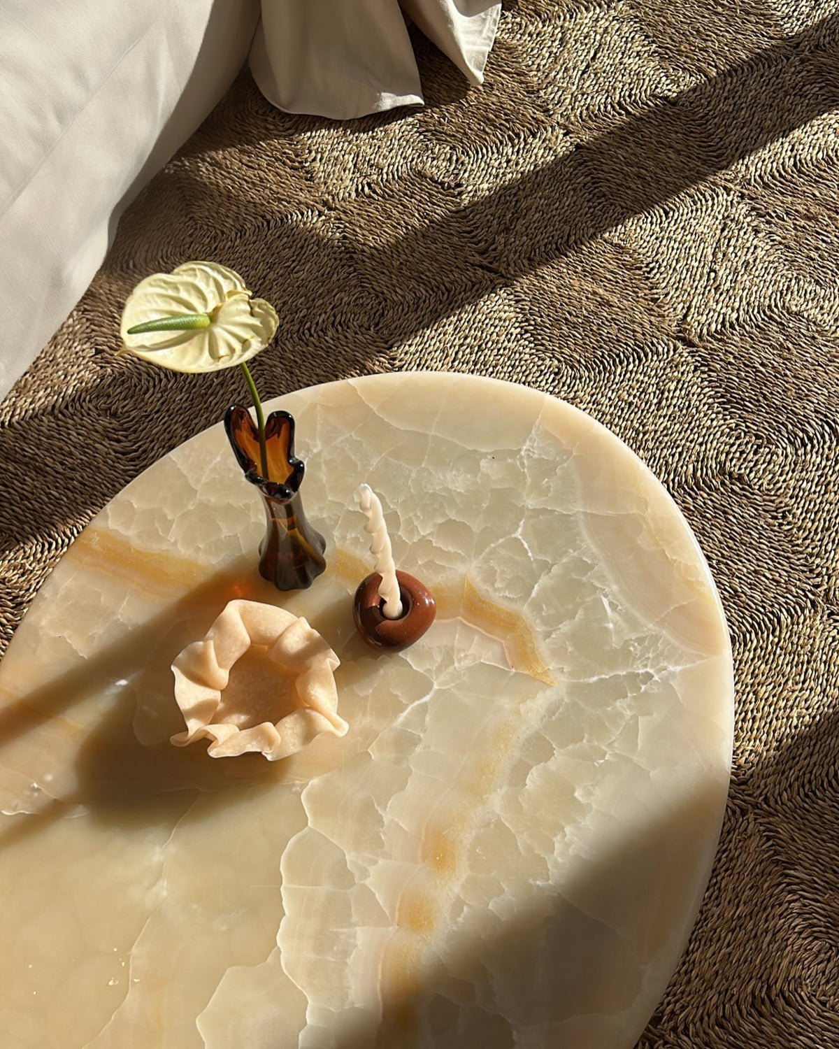 Caramel onyx coffee table styled