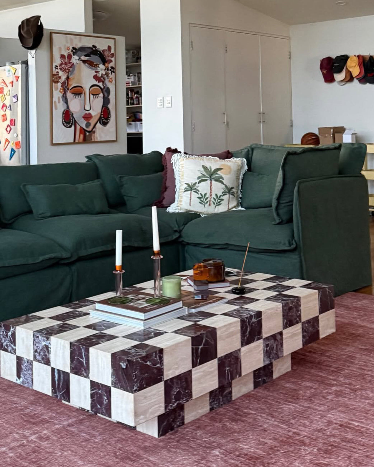 Checkerboard marble coffee table styled