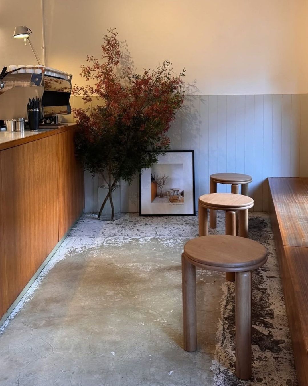 Walnut side tables styled in a cafe