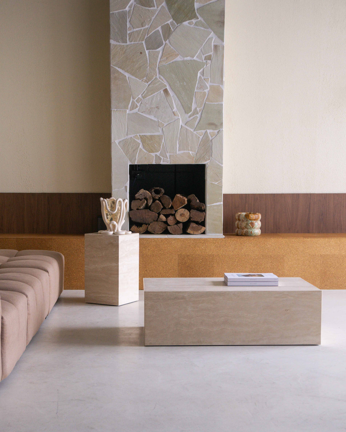 Plinth Rectangle Stone Coffee Table - Cream Travertine | Fleur Studios