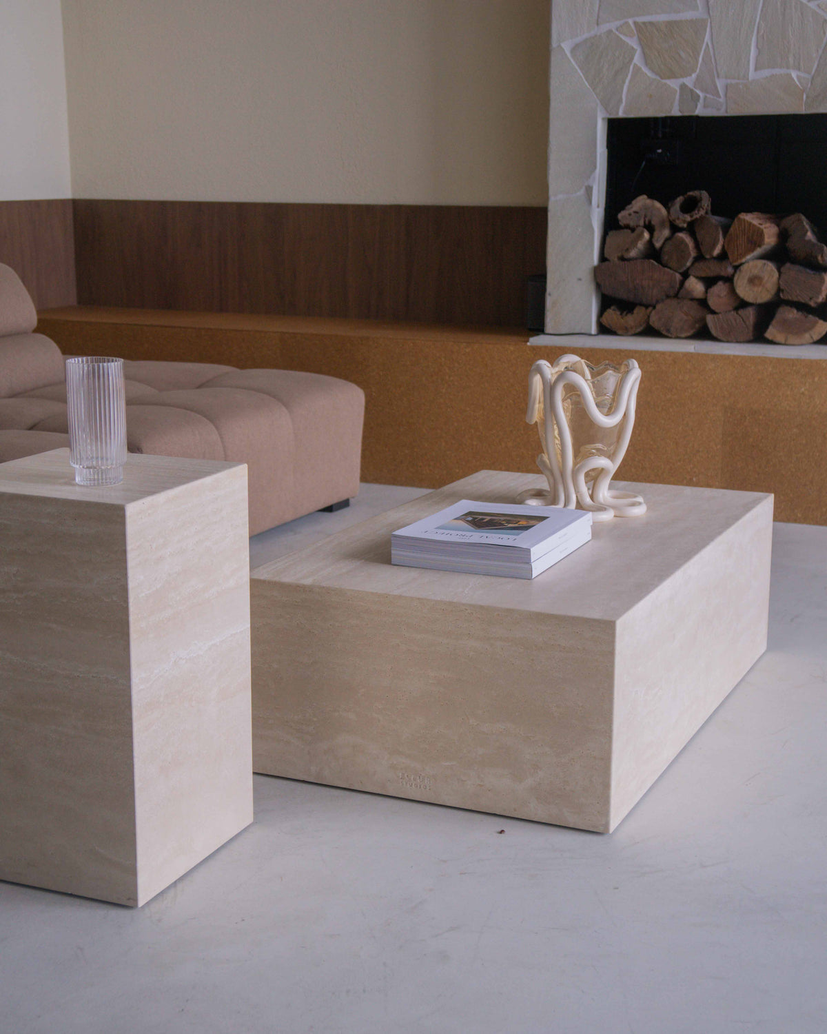 Plinth Rectangle Stone Coffee Table - Cream Travertine | Fleur Studios