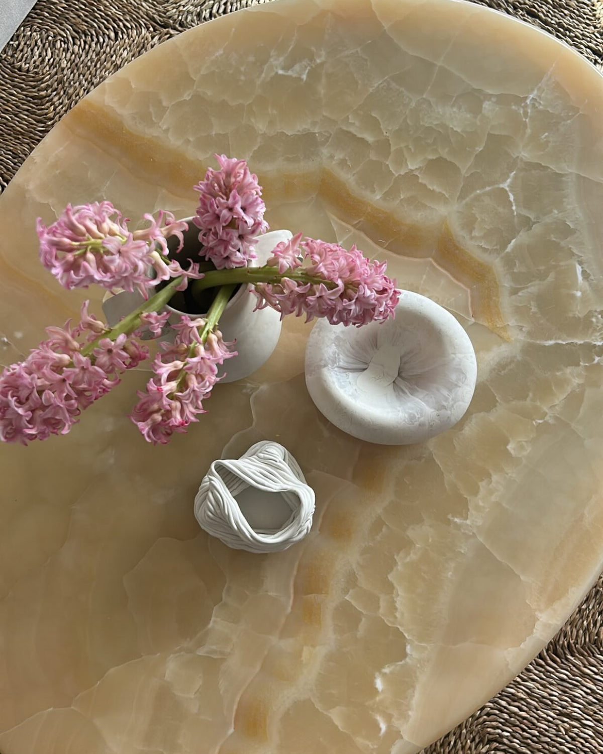 Caramel onyx coffee table styled