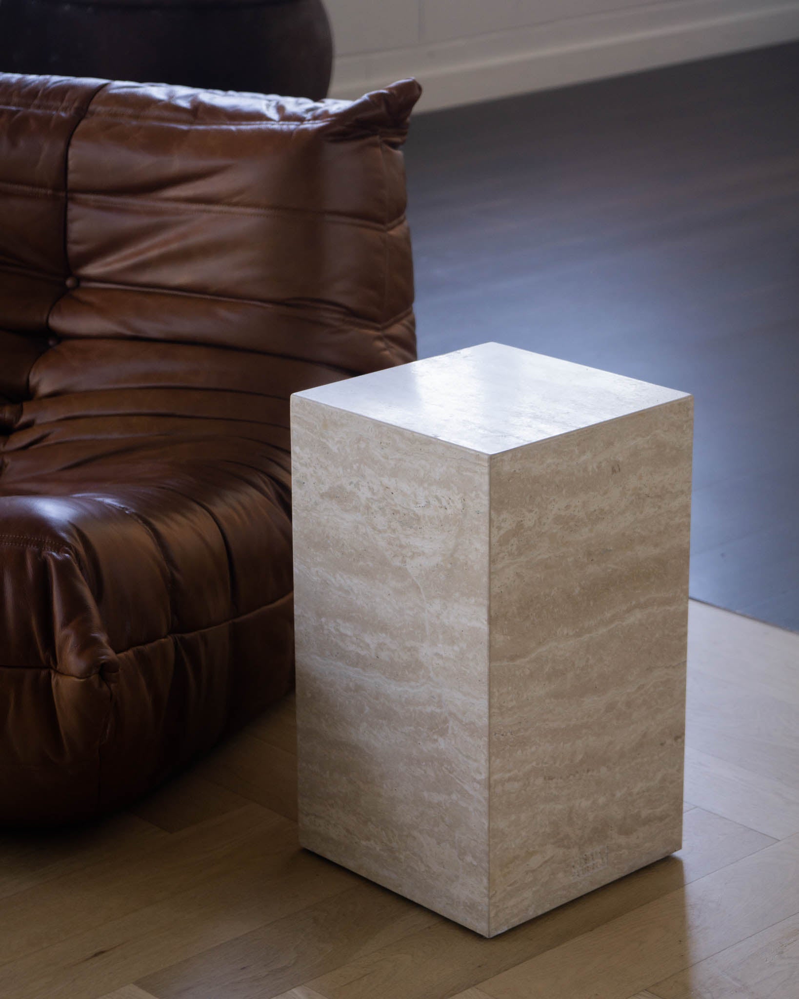  Plinth Small Marble Side Table – Cream Travertine | Fleur Studios